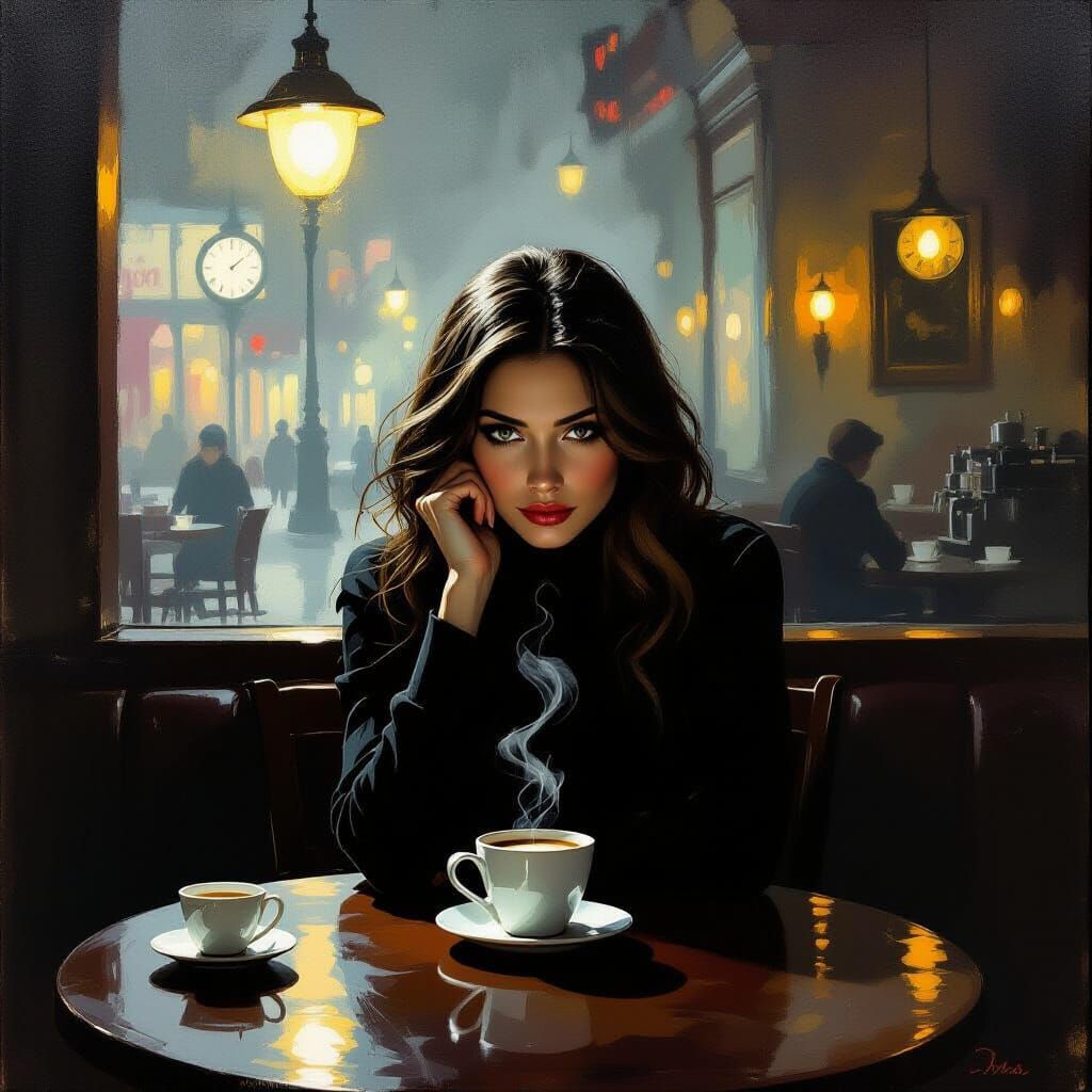 Woman in Dim Cafe with Surreal Coffee Art