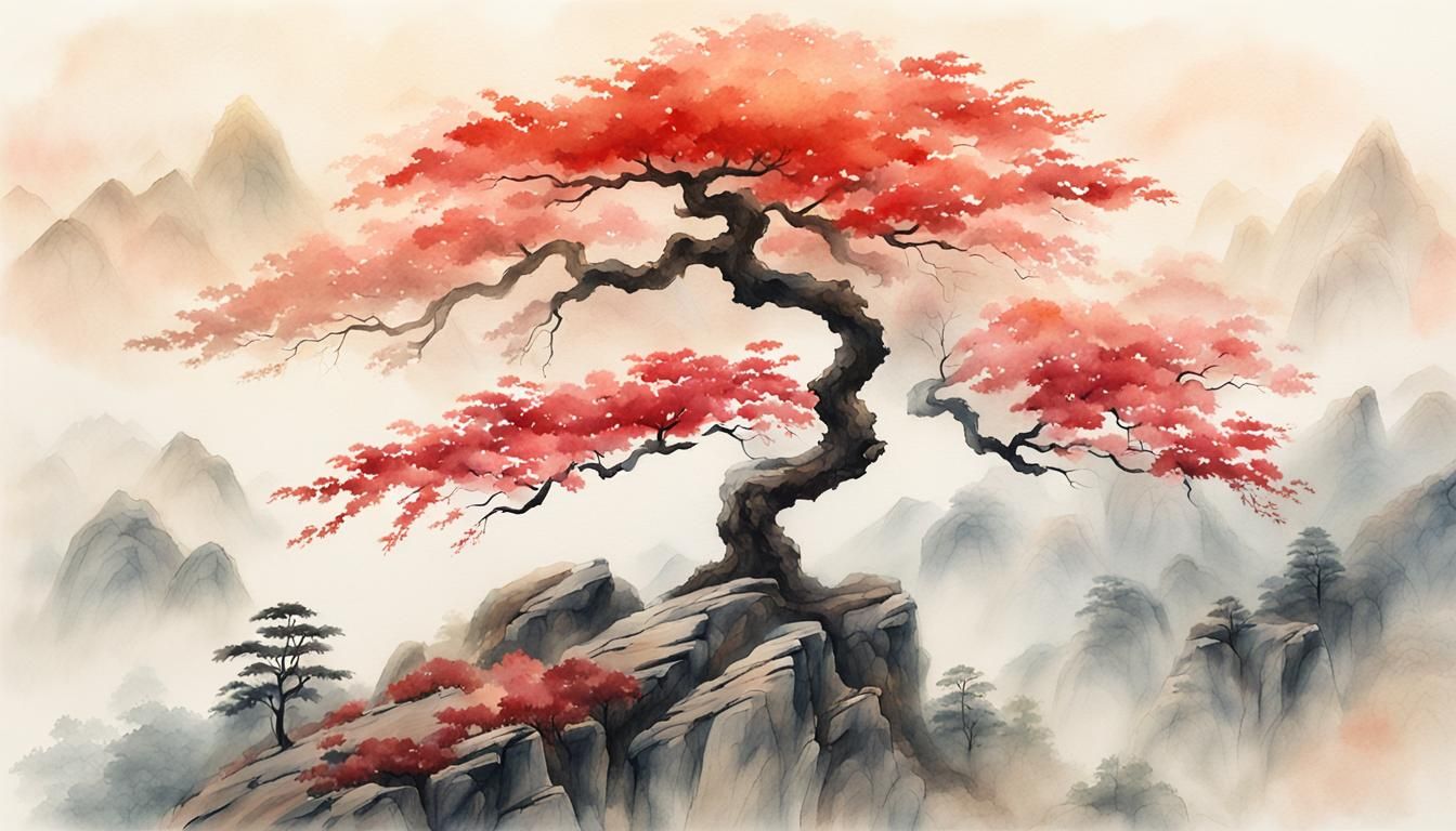 Red Maple on Misty Peak in Chinese Painting Style