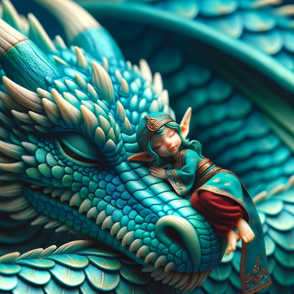 Turquoise Dragon Sleeps With Elf on Its Nose