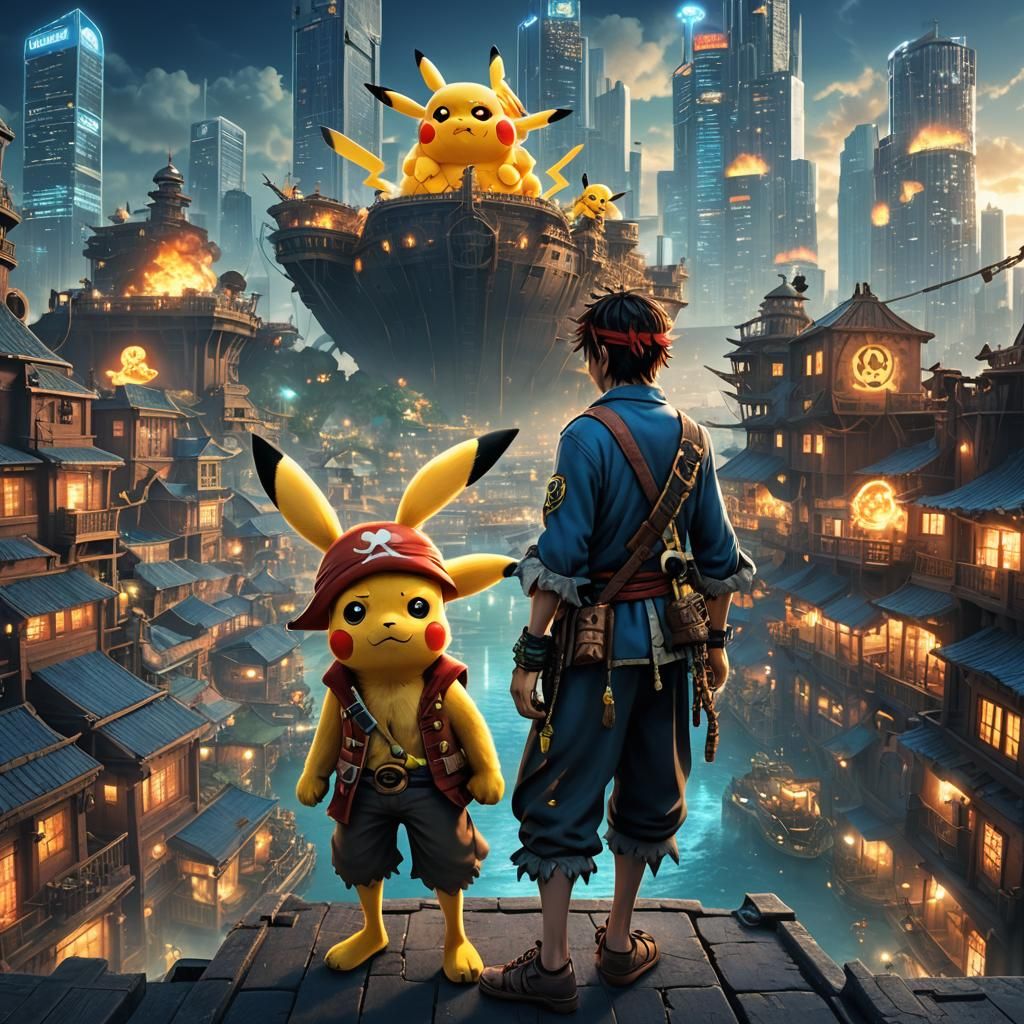 Luffy and Pikachu in a Cyberpunk Cityscape