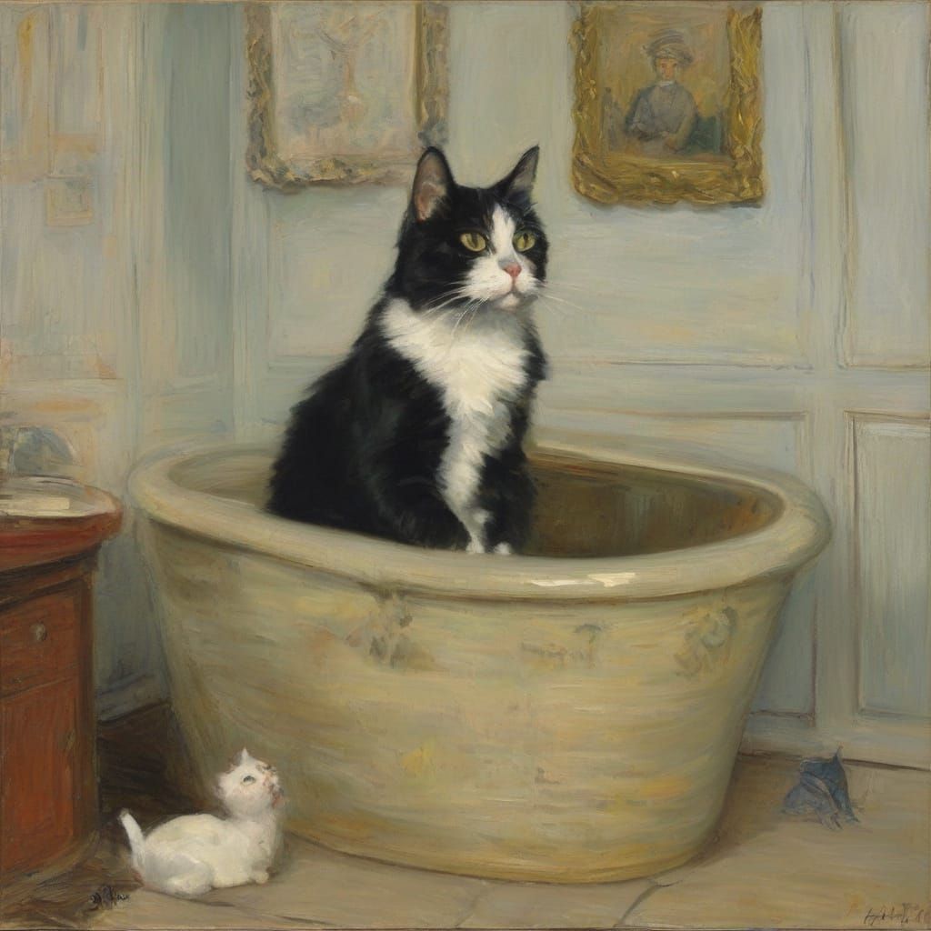 Cat Enjoys Bath in Impressionist Style