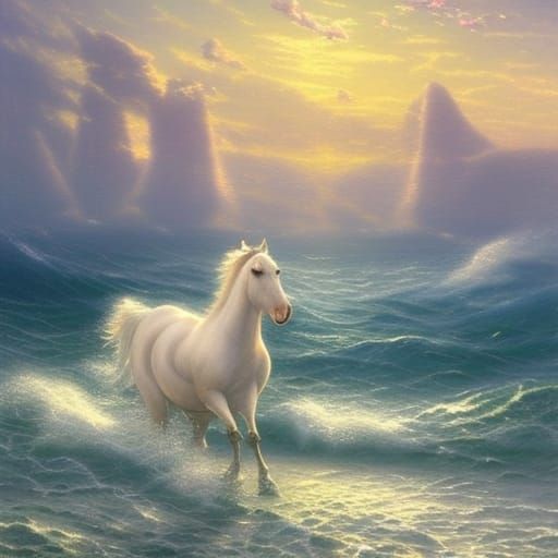 Horse Galloping Through Ocean in Ethereal Fantasy Style