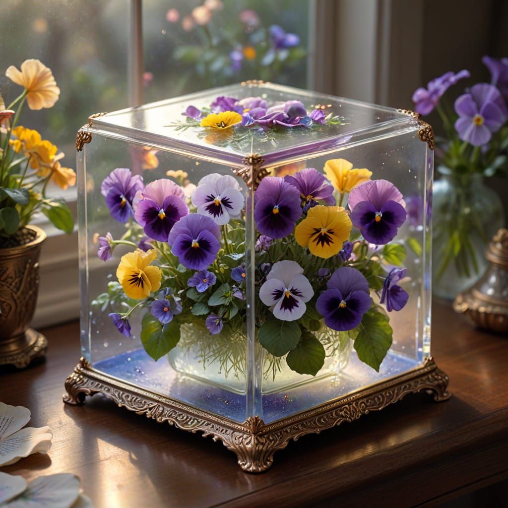 Ethereal Pansy & Violet Garden in Glass Box