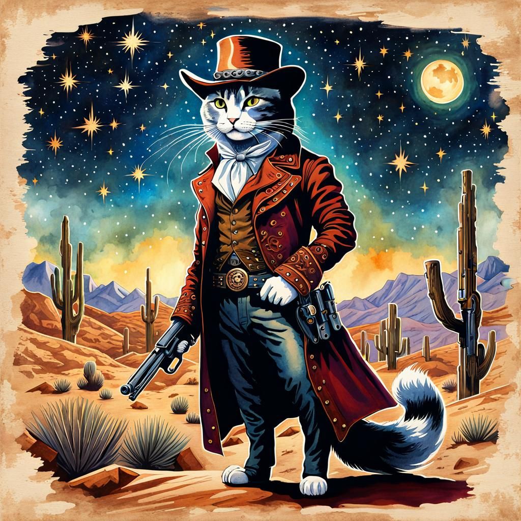 Whimsical Cat Gunslinger in Steampunk Western Town