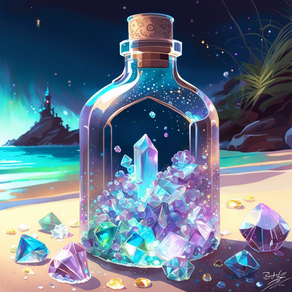 Celestial Crystalline Bottle Washed to Magical Shore