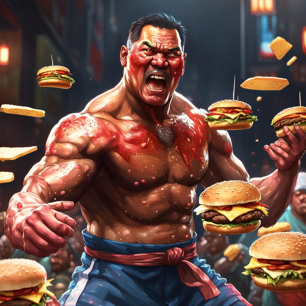 Filipino Man Battles with Cheeseburgers: Digital Art