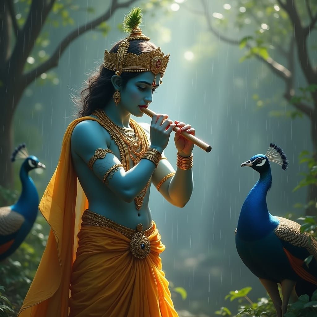Krishna Playing Flute in Vrindavan Forest, Ultra-Realistic
