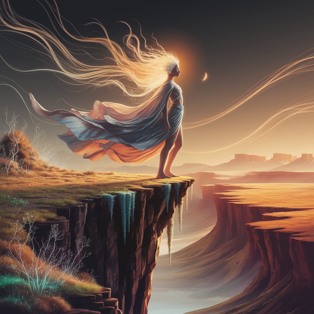 Ethereal Moonchild on Mystical Cliff in Digital Art Style