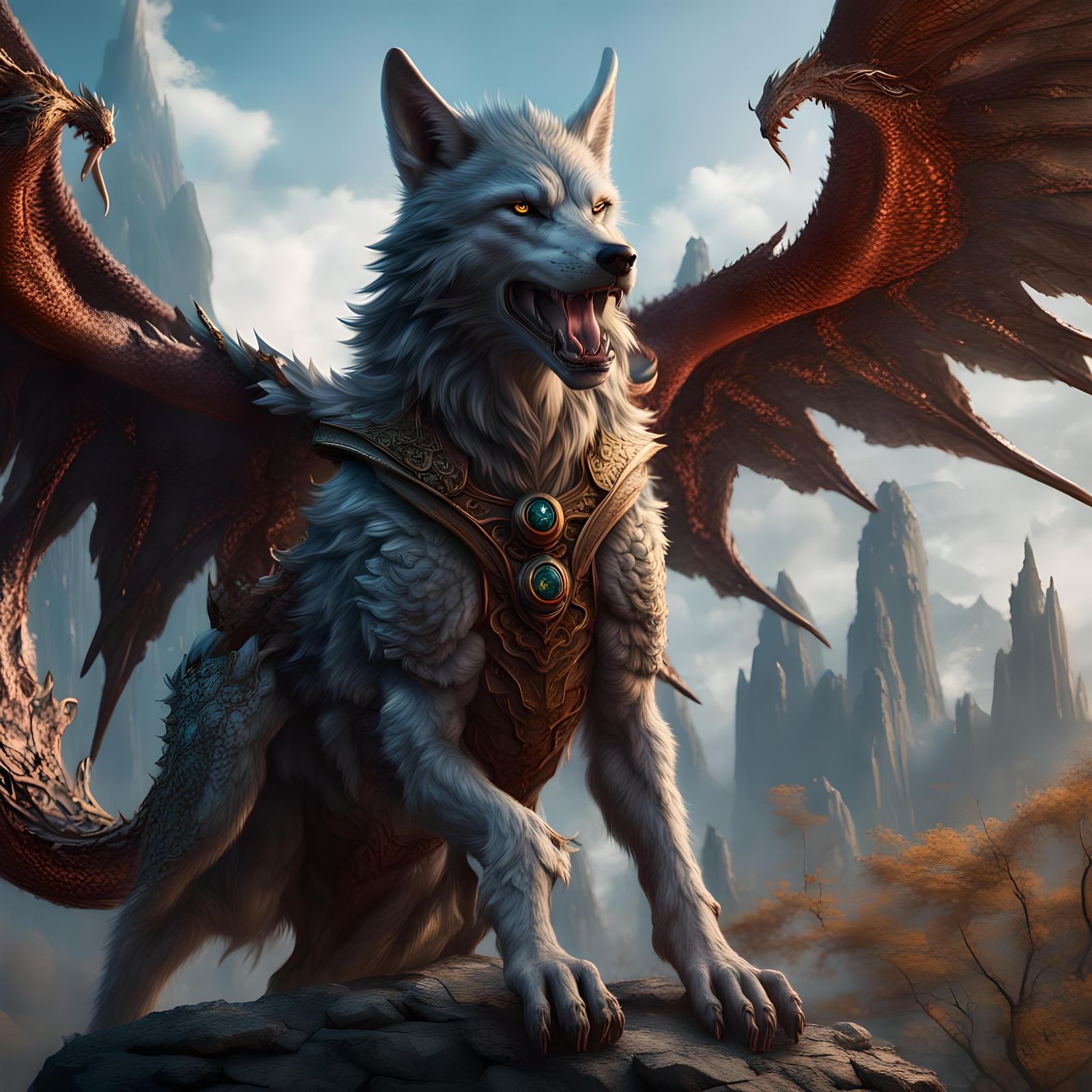 Wolf with Dragon Wings in Fantasy Art Style