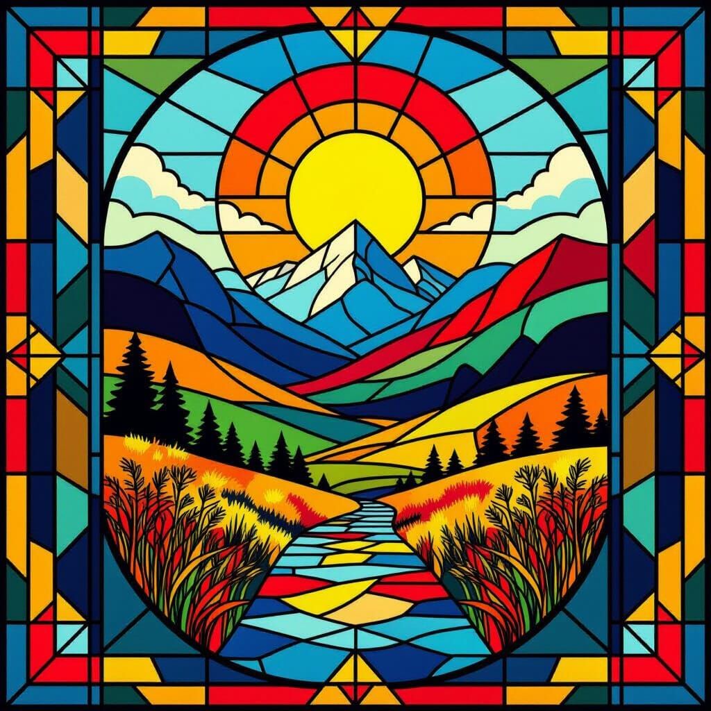 Stained Glass Landscape with Bauhaus Geometric Elements