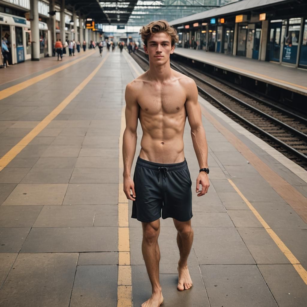 Shirtless Youth Awaits Train