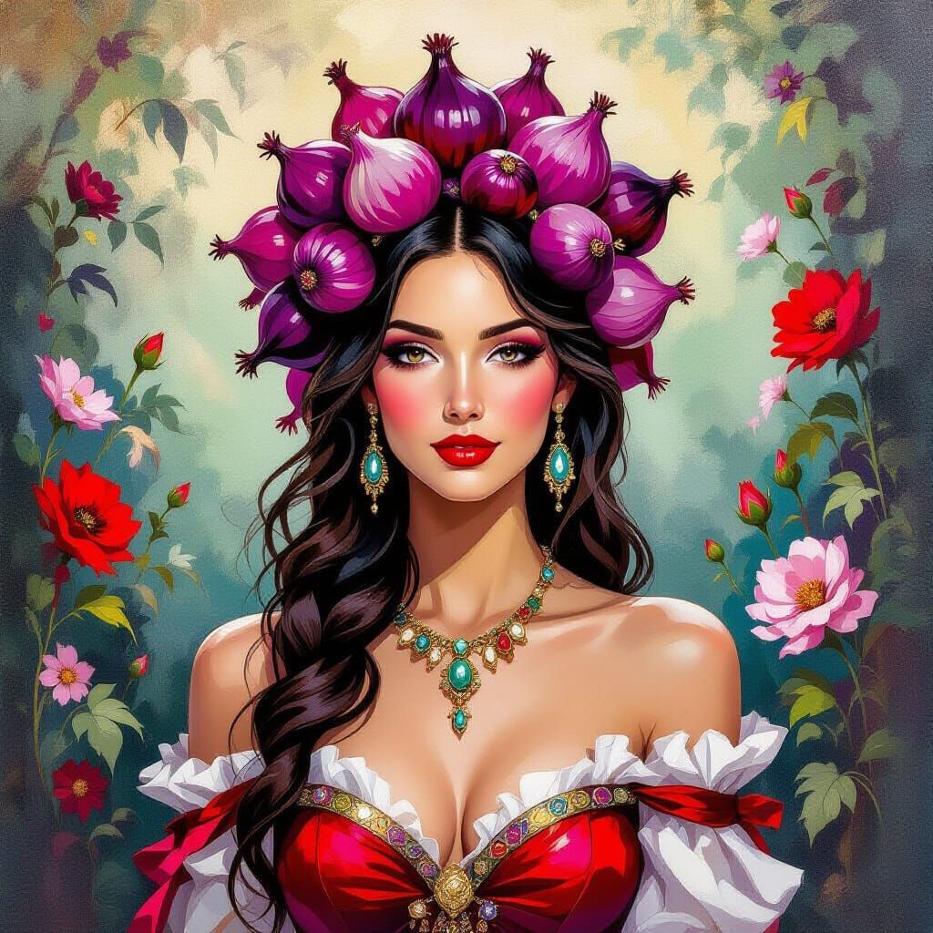 Garden Goddess With Red Onions In Epic Impressionist Style