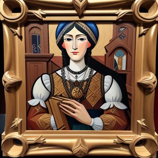 Cubist Renaissance Figure Among Wood Carvings