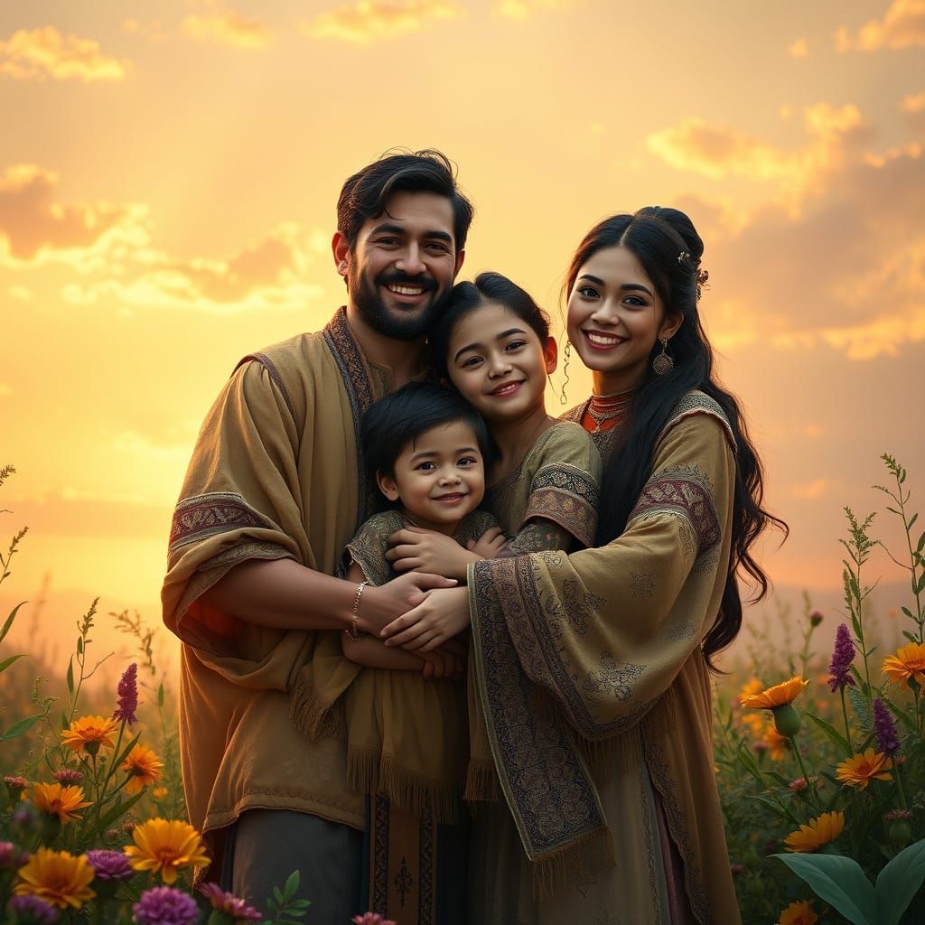 Joyful Family Embracing in Lush Paradise