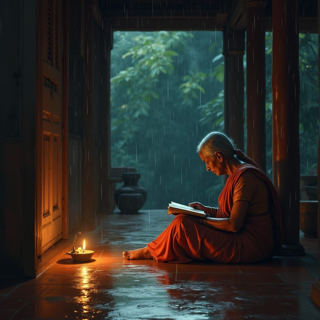 Elderly Woman in Kerala Home, Reading by Flickering Nilavila...