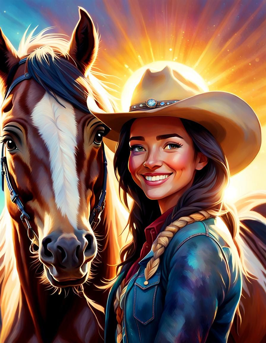 A cowgirl standing with a happy smiling horse with its head over her shoulder, photo bombing. Intricate detail HD 64k