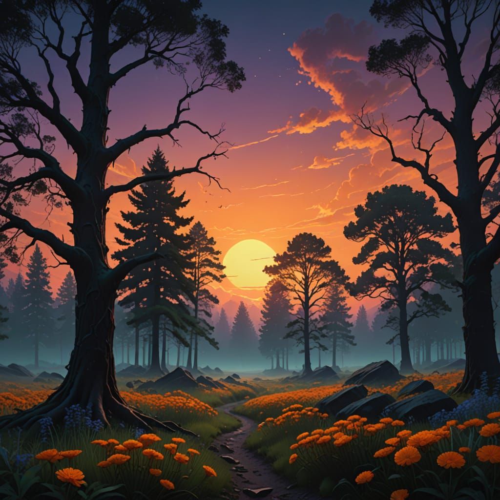 Mysterious Sunset Forest in a Fantastical Landscape