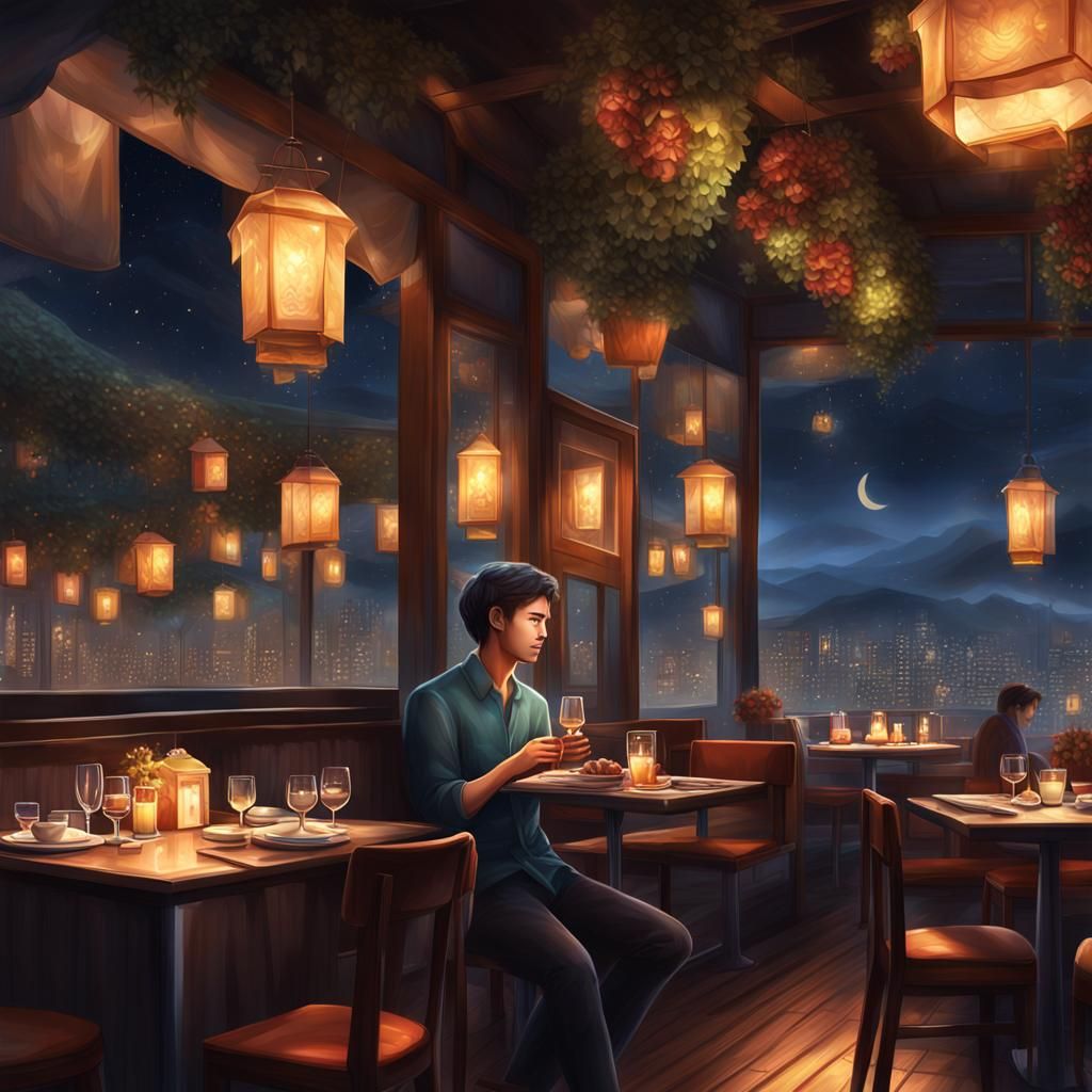 Photorealistic Restaurant Portrait at Night