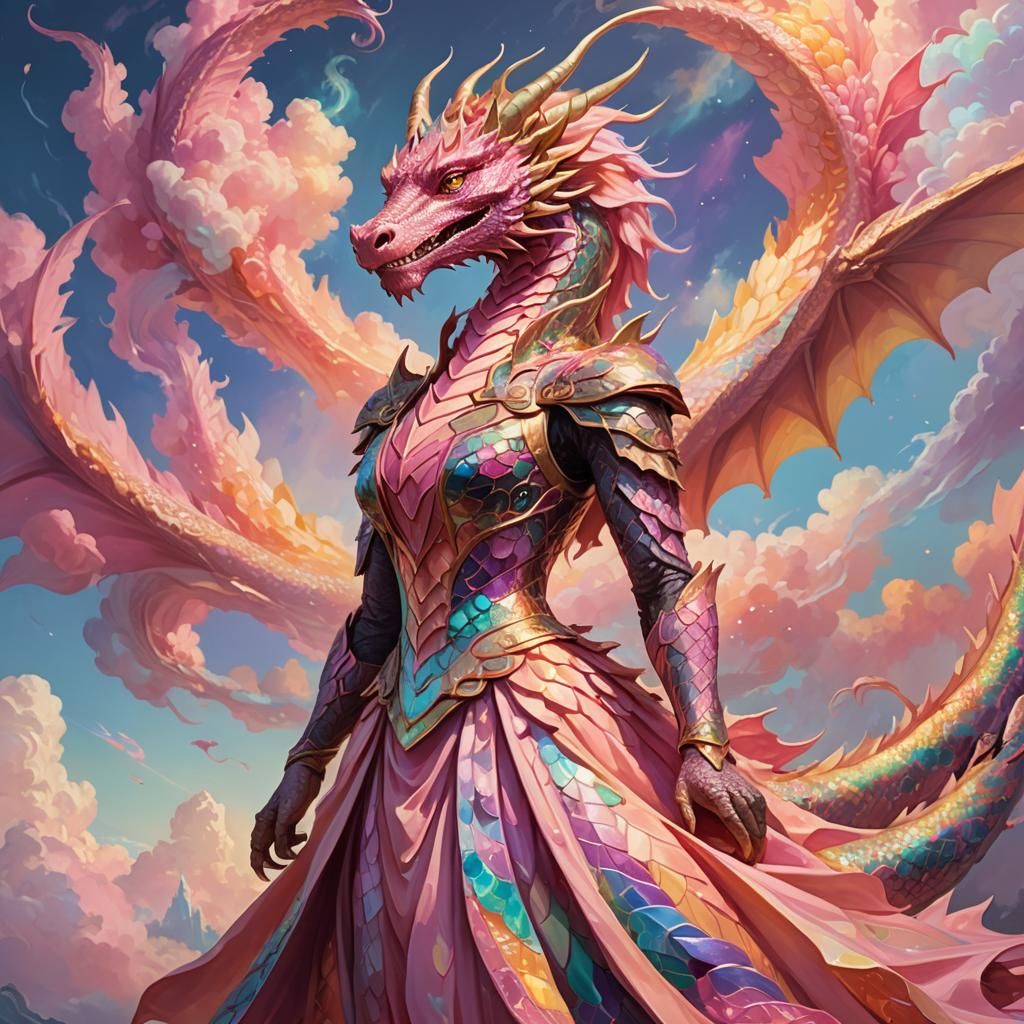 Dragon in Pink Dress: Vibrant Oil Painting