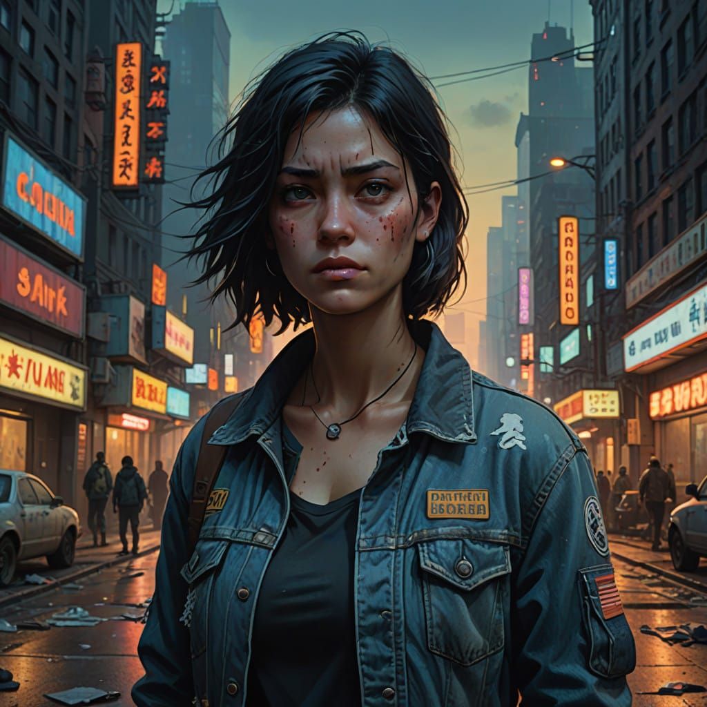 Athletic Woman in Dystopian City at Dusk, in Fantasy Concept...