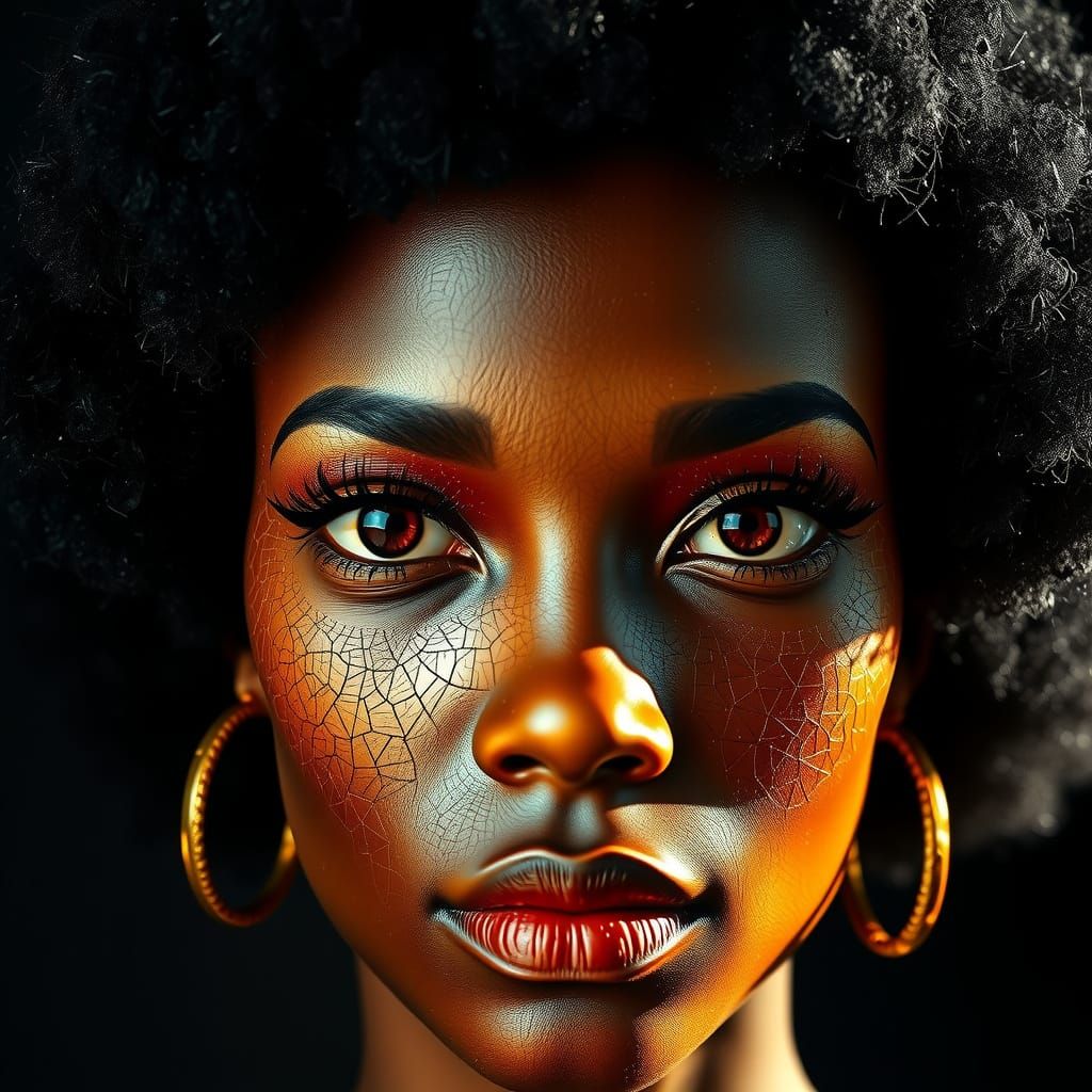 Sultry Afro Woman with Masked Face in Golden Glass Shards