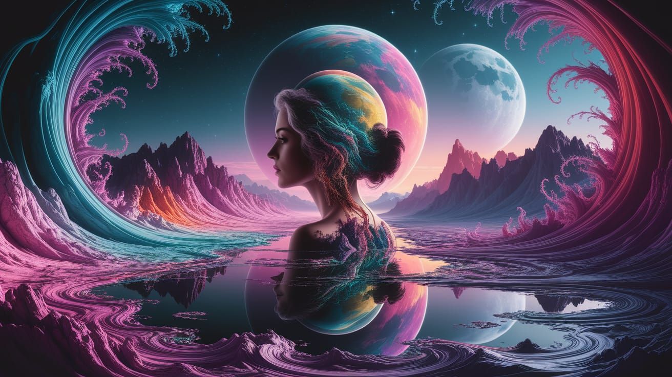 Surreal Double Exposure: Woman Filled With Alien Planet Land...