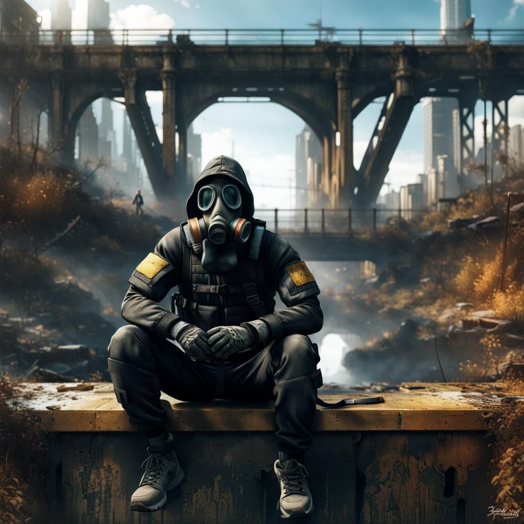 Soldier in Gas Mask on Decayed Urban Bridge