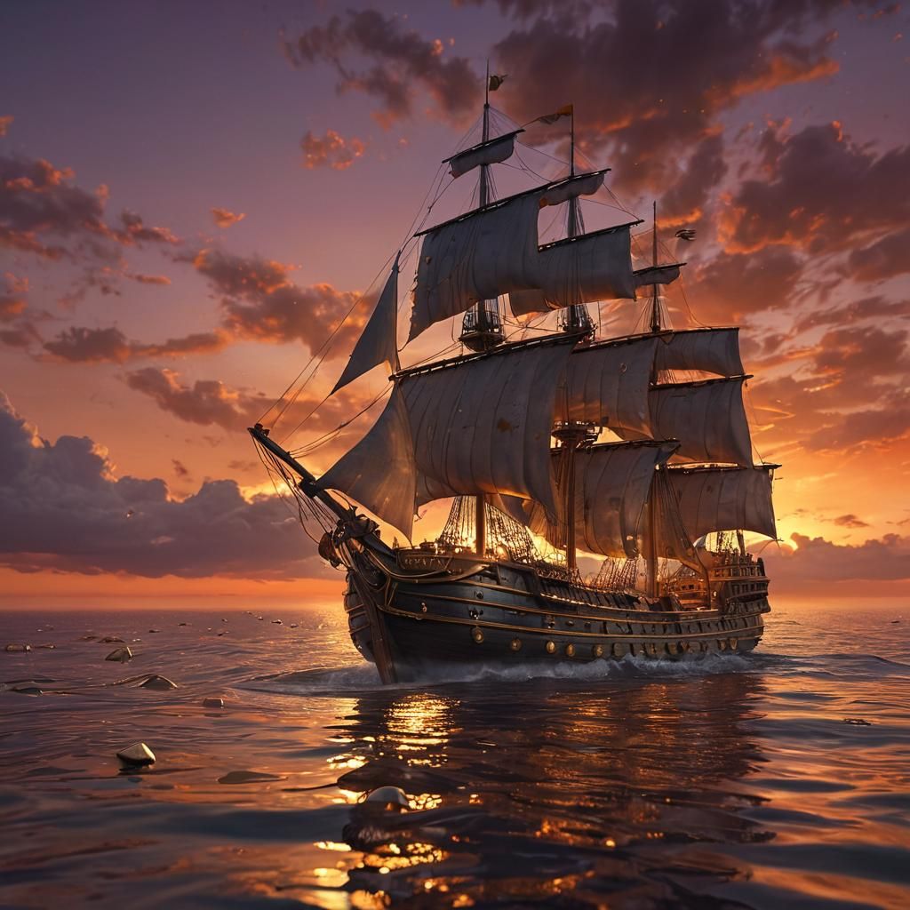 Ship of Gold and Silver at Sunset: Fantasy Art