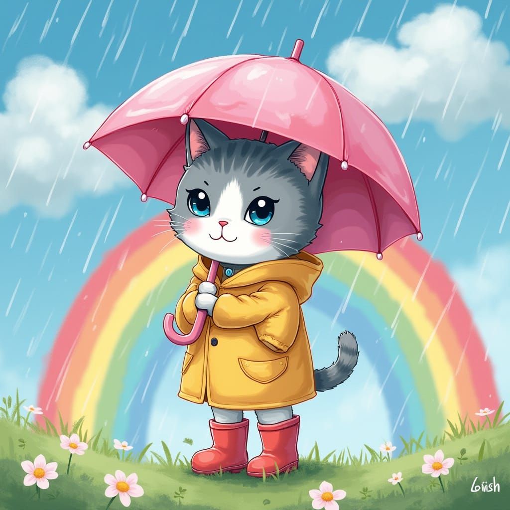 Whimsical Kitty Finds Shelter from the Rain