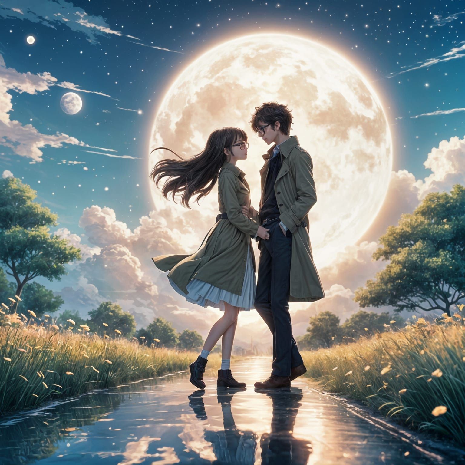Teen Anime Couple in Moonlit Embrace
