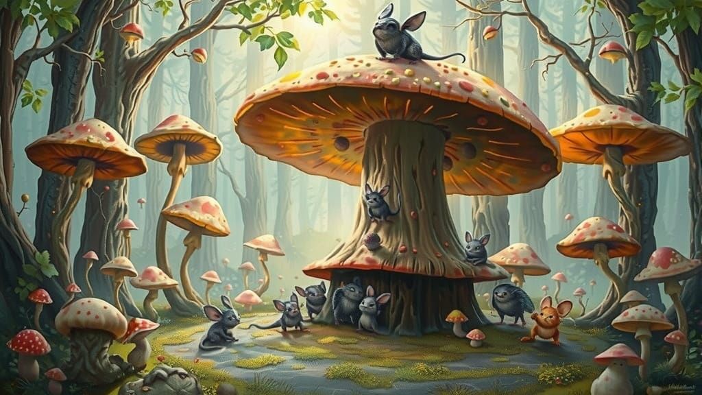 Surreal Mushroom Forest Scene in Whimsical Style