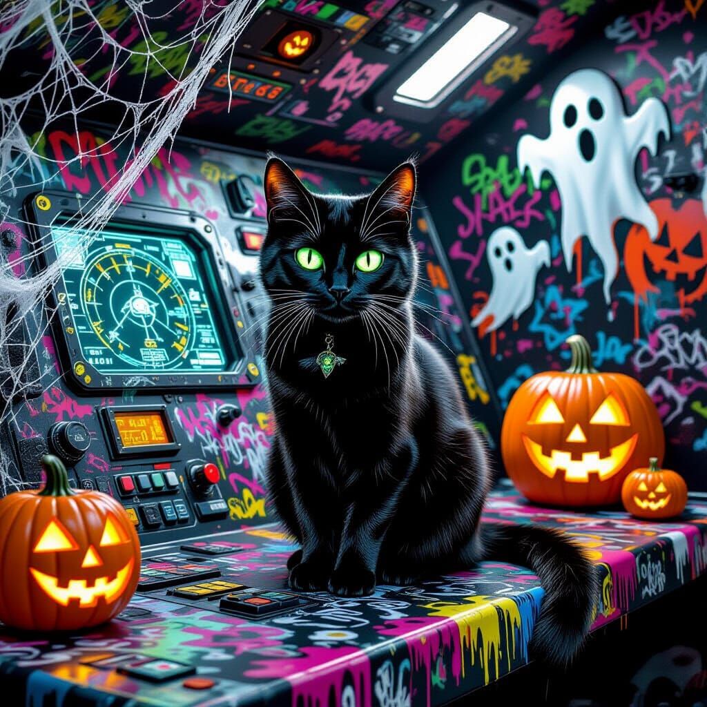 Halloween Cat on Spaceship Control Panel