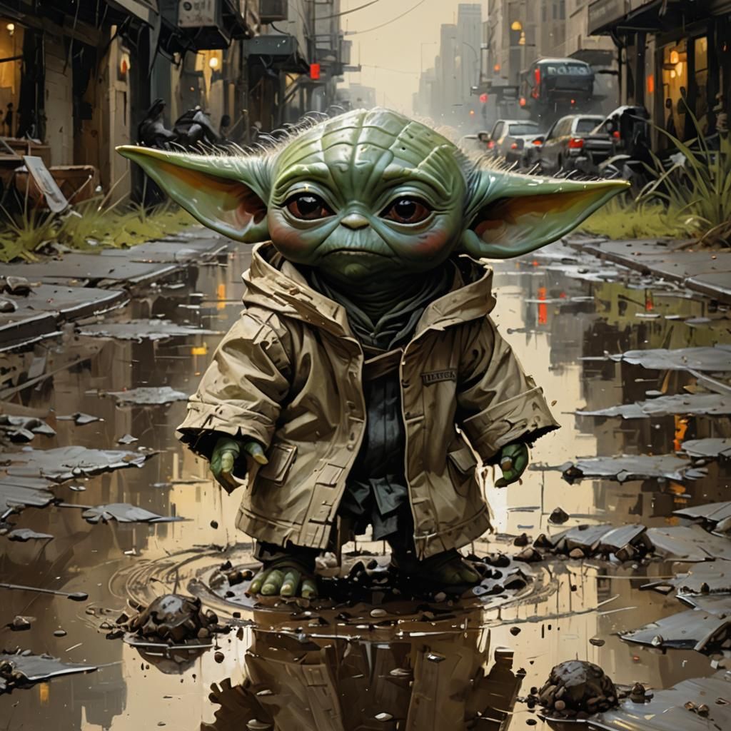 Baby Yoda's Muddy Puddle: An Oil Painting