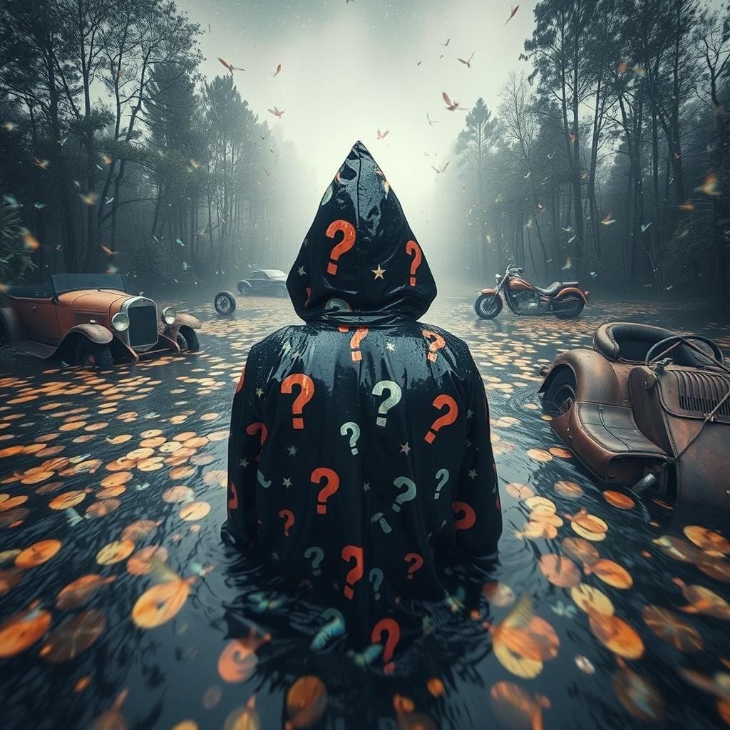 Mysterious Figure in Swamp with Fairies, Dreamlike Art