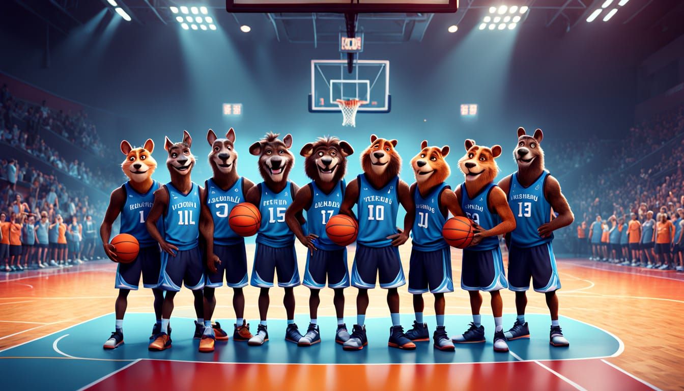 Anthropomorphic Animals Basketball Team in Pixar Style