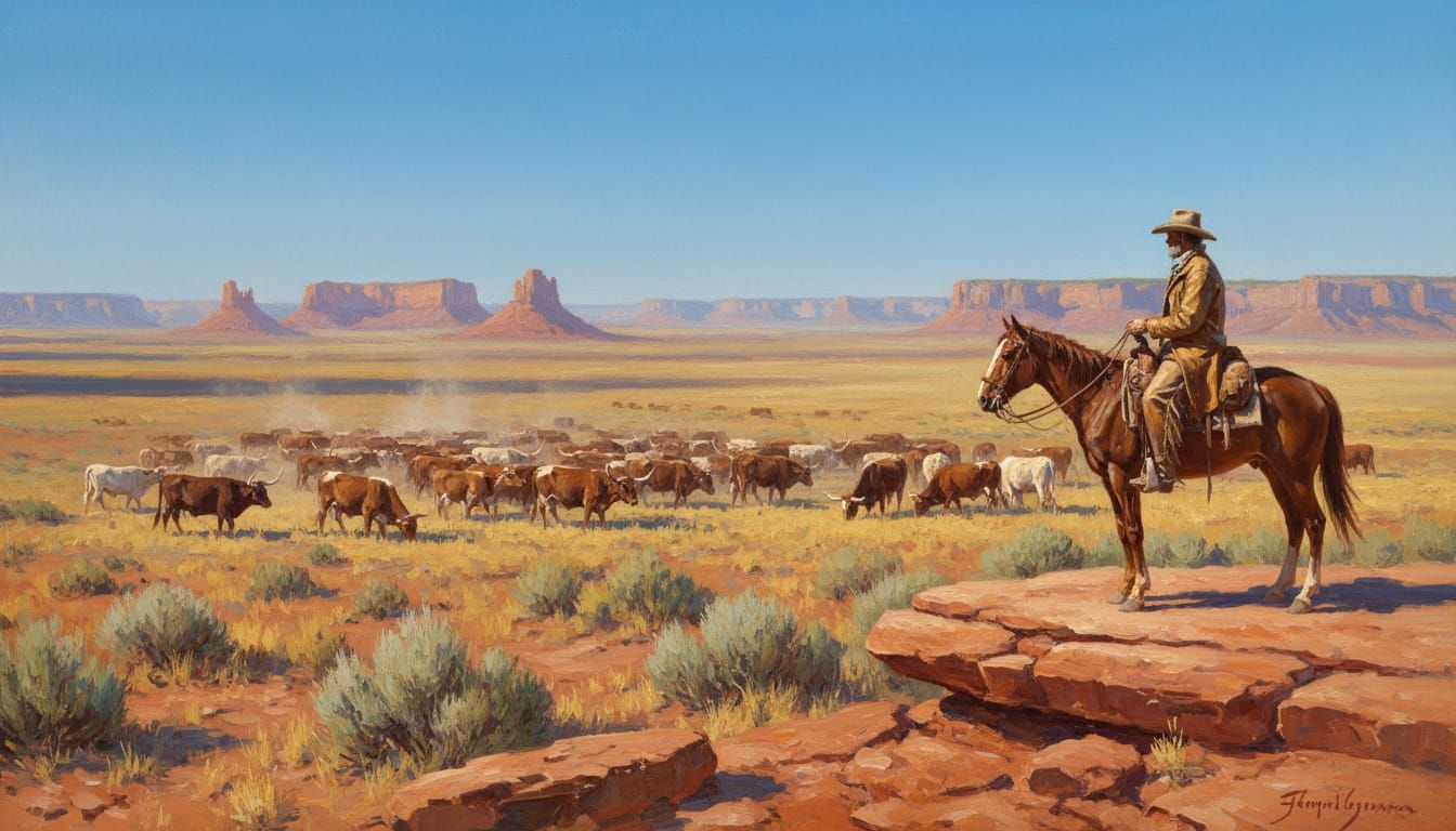 Cowboy and Cattle in Western Landscape Painting