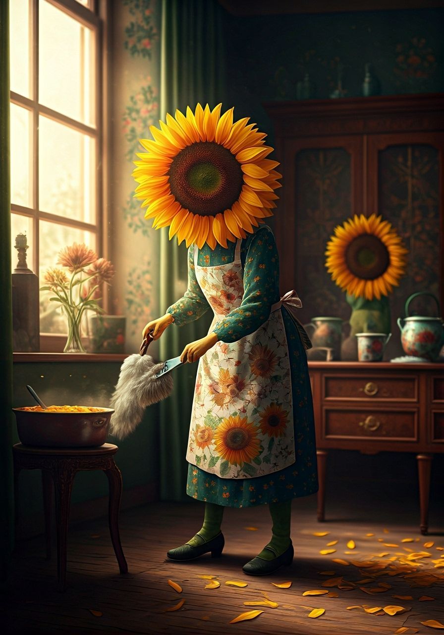 Anthropomorphic Sunflowers in Whimsical Household Chores
