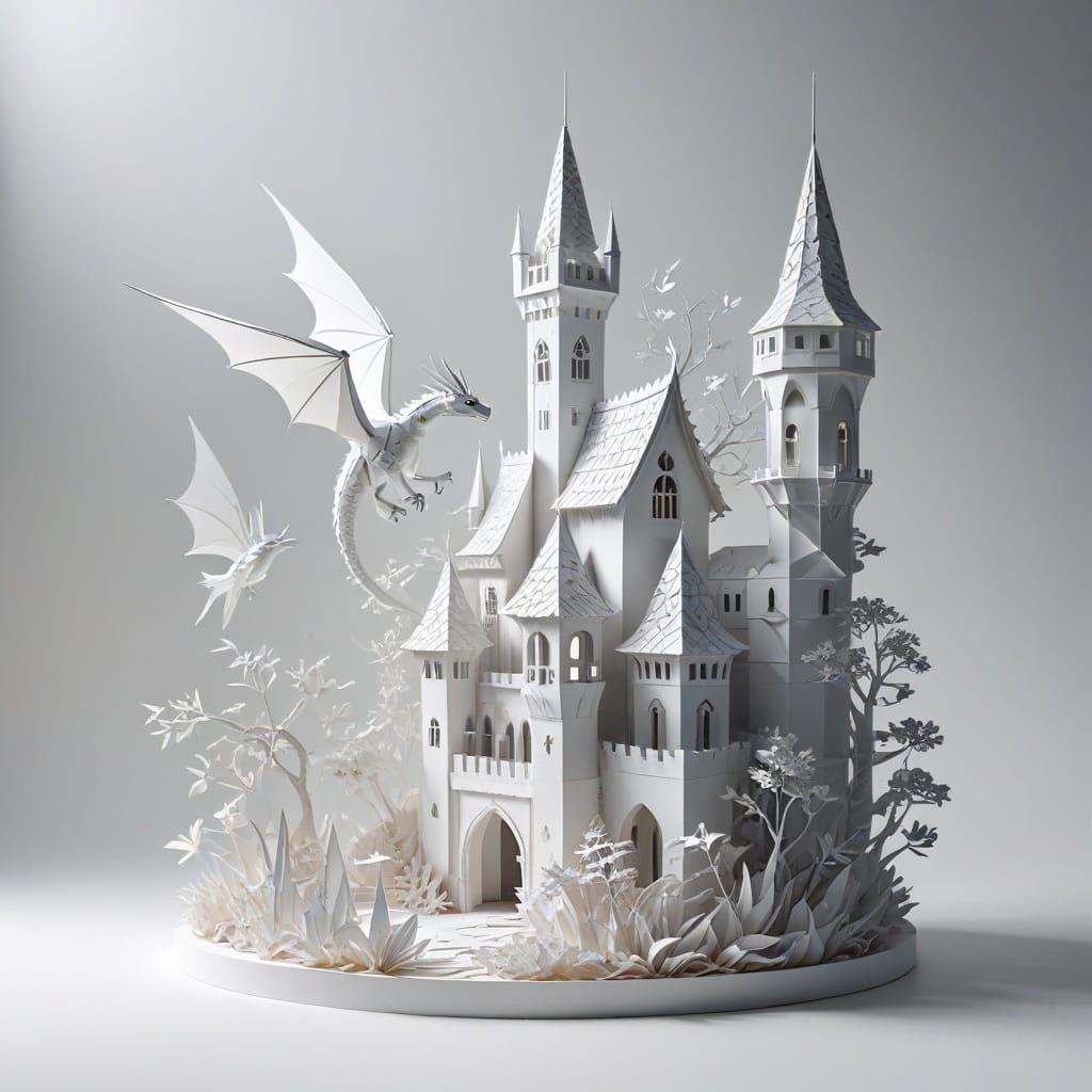 Papercraft Medieval Town with Flying Dragon