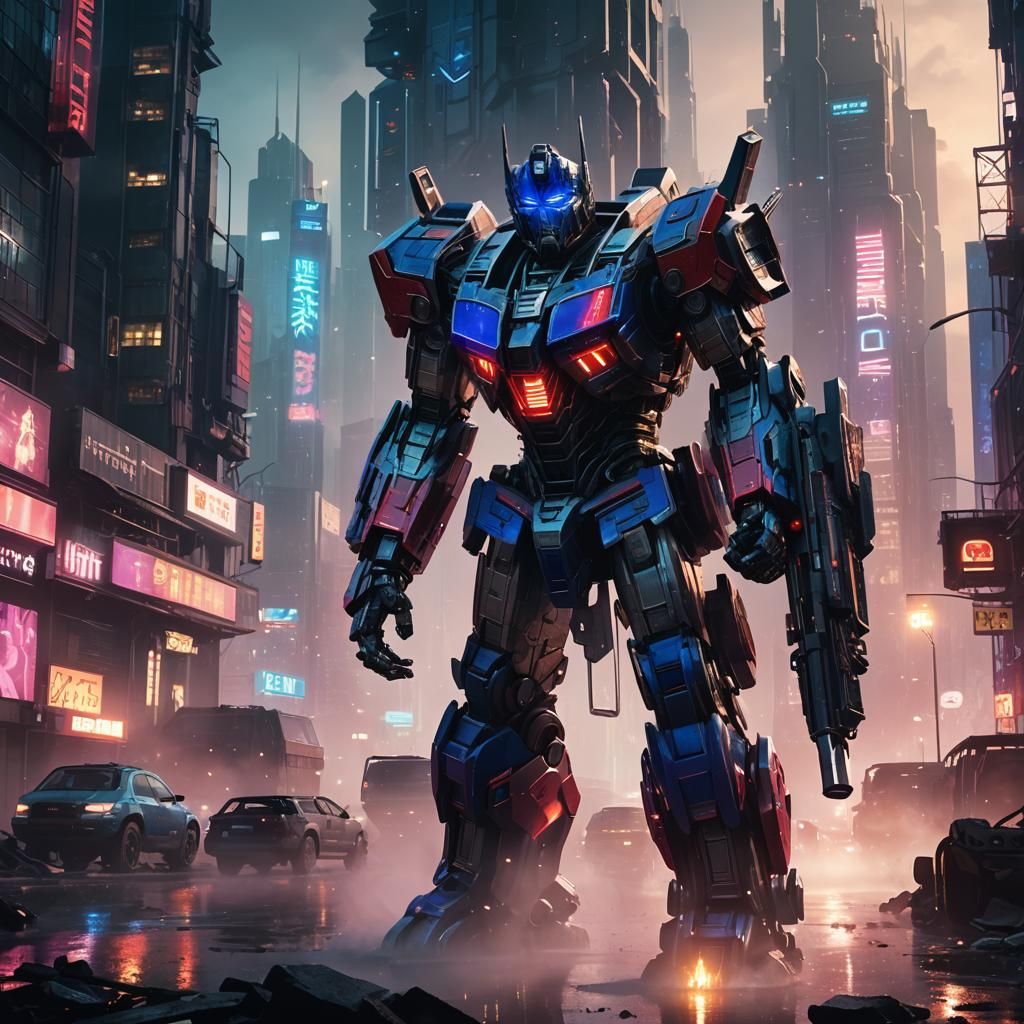 Optimus Prime in a Futuristic Cityscape