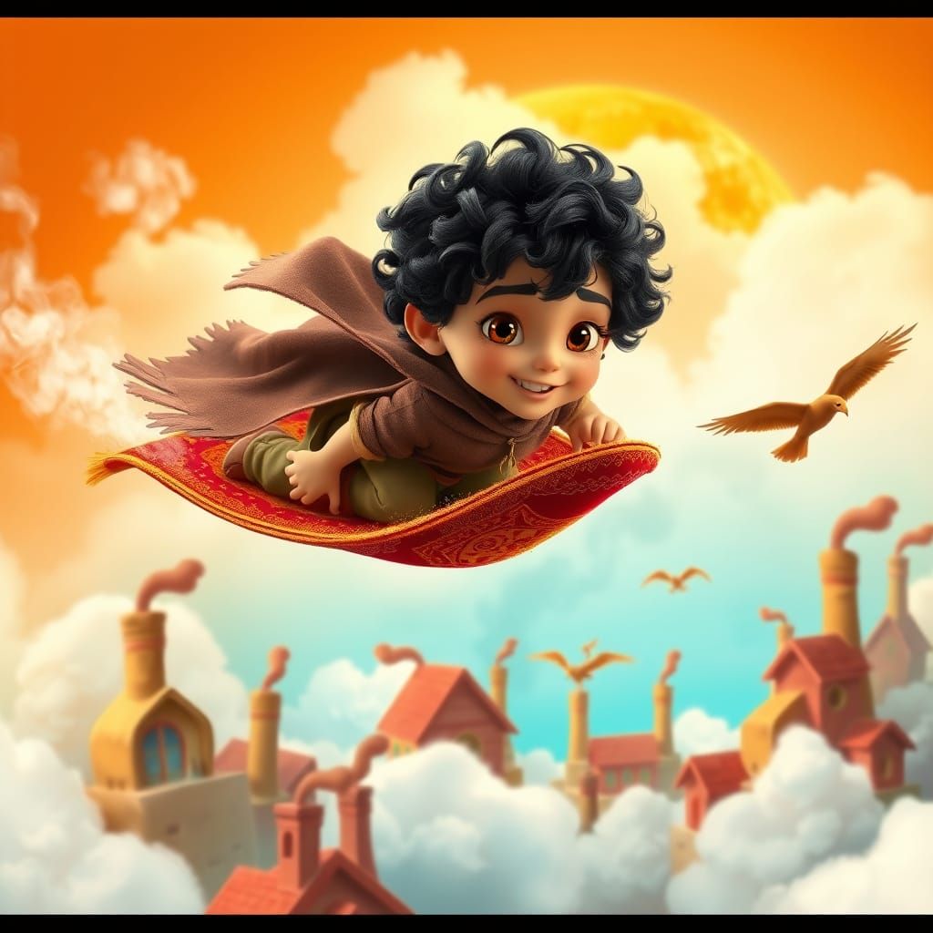 Brave Boy on Flying Carpet in Pixar Style