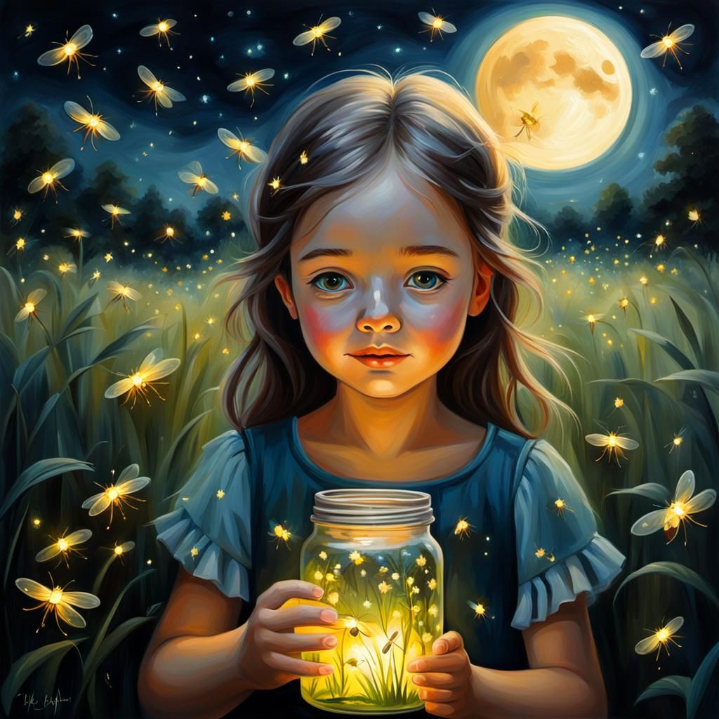 Girl with Fireflies in Moonlit Meadow Oil Painting