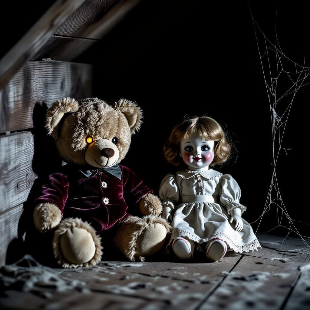 Eerie Teddy Bear on Dusty Attic Floor in Moonlight