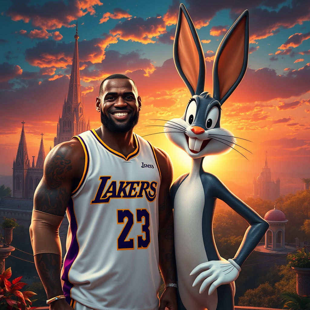 LeBron and Bugs in Dreamlike Cityscape