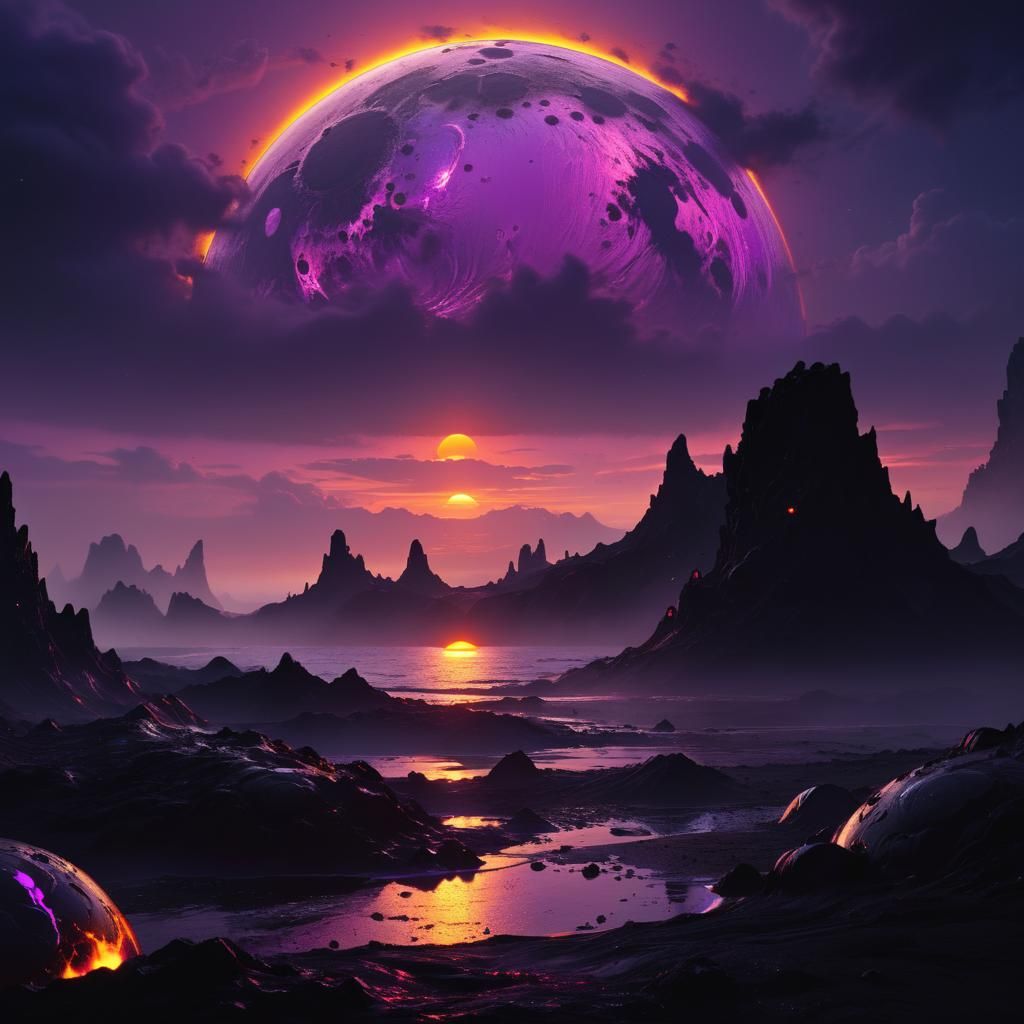 Galactic Sunrise Over Dark Lava Moon, Fantasy Art
