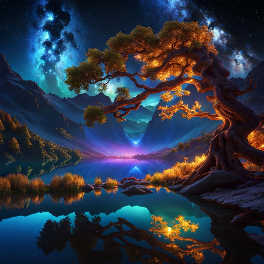 Enchanted Mountain Lake with Starry Sky, Fantasy Art