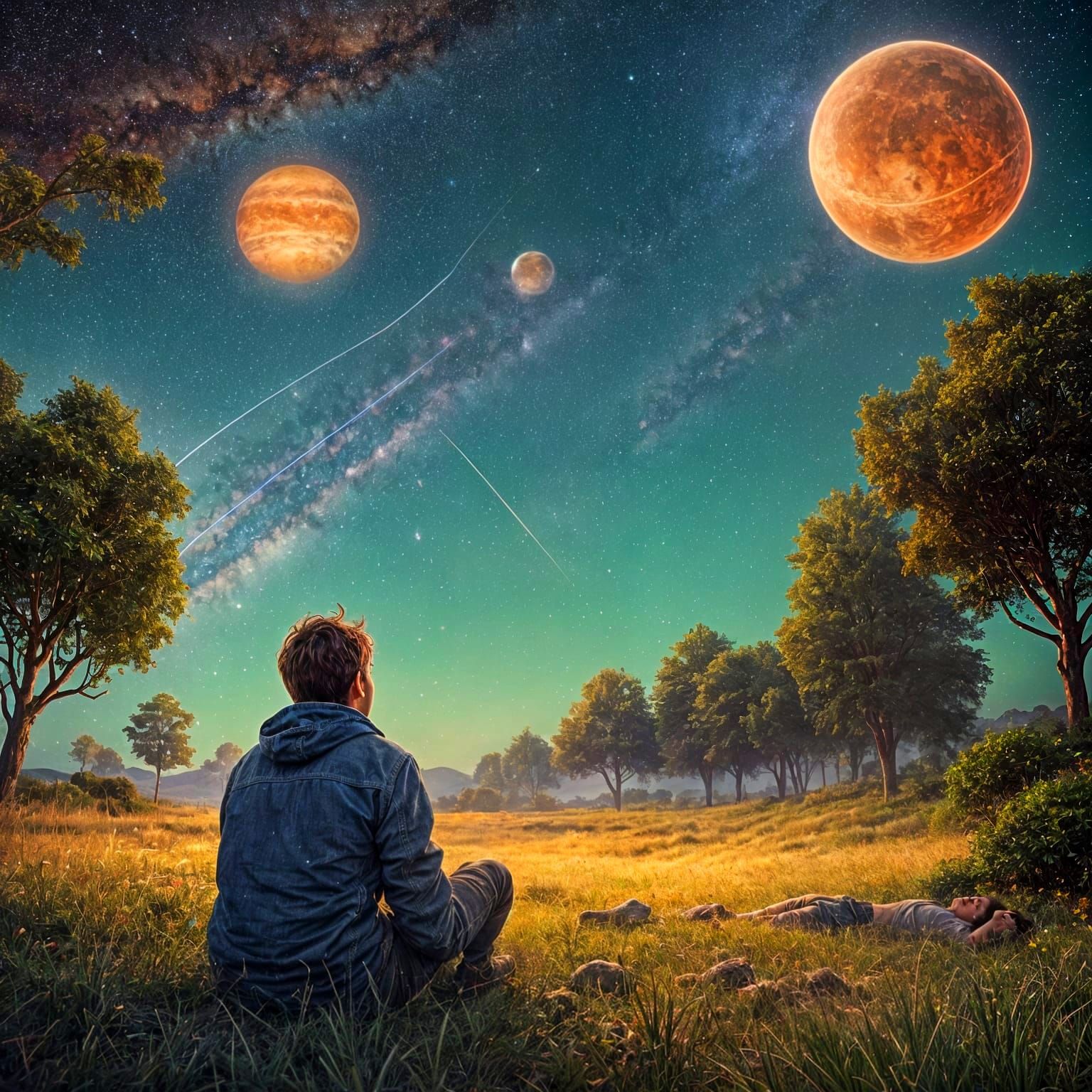 Boy Contemplates the Wonders of the Cosmos in a Vibrant Star...