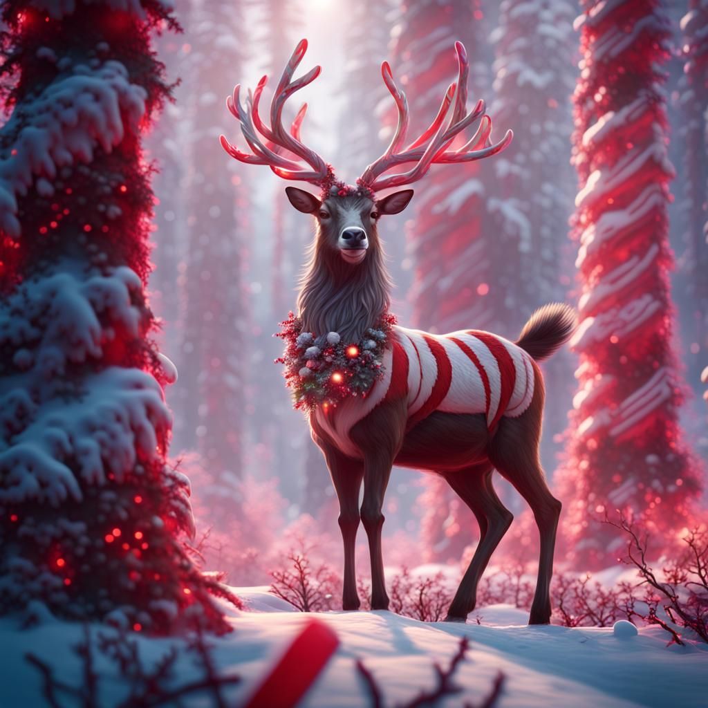 Gorgeous reindeer in candy cane forest