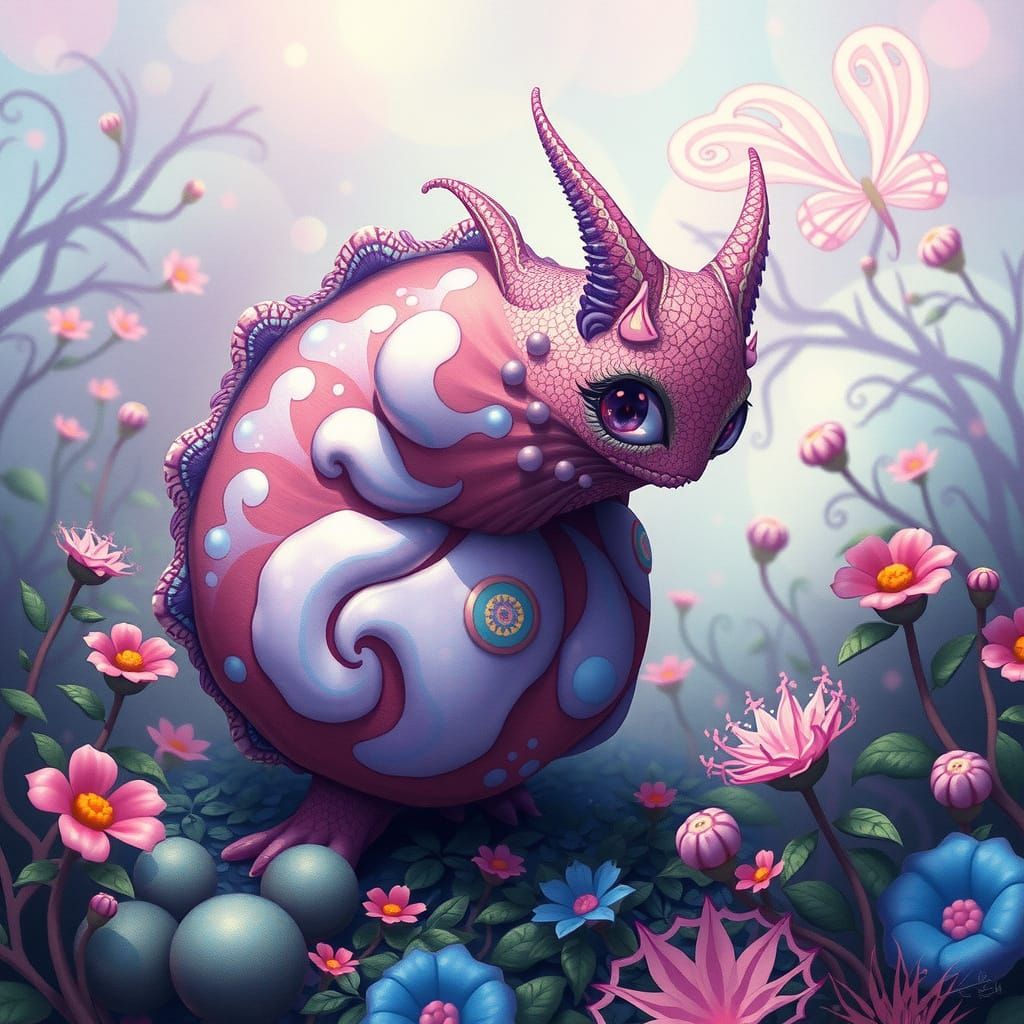 Whimsical Ammonite Berry Creature in Vibrant Fantasy Landsca...