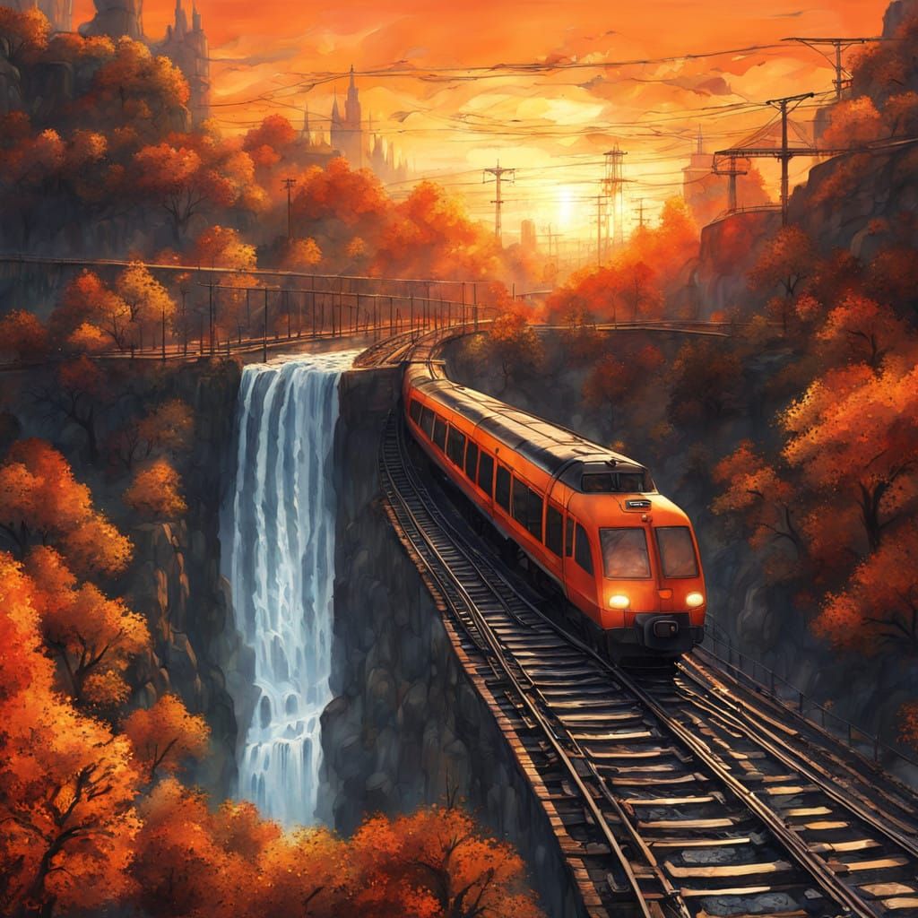 Whimsical Sunset Train Crossing Over a Majestic Waterfall