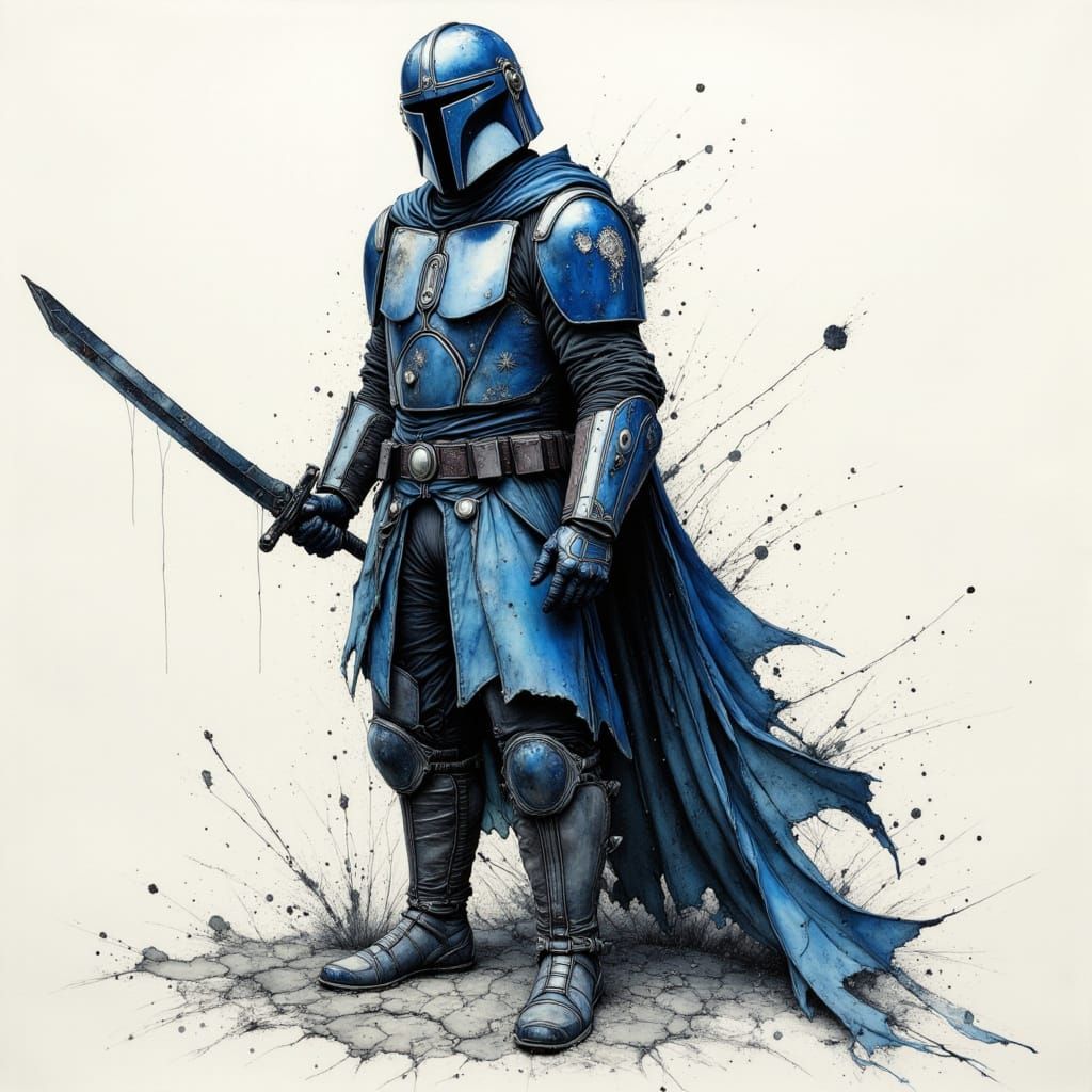 Blue Mandalorian Warrior with Katana in Ink Drawing Style